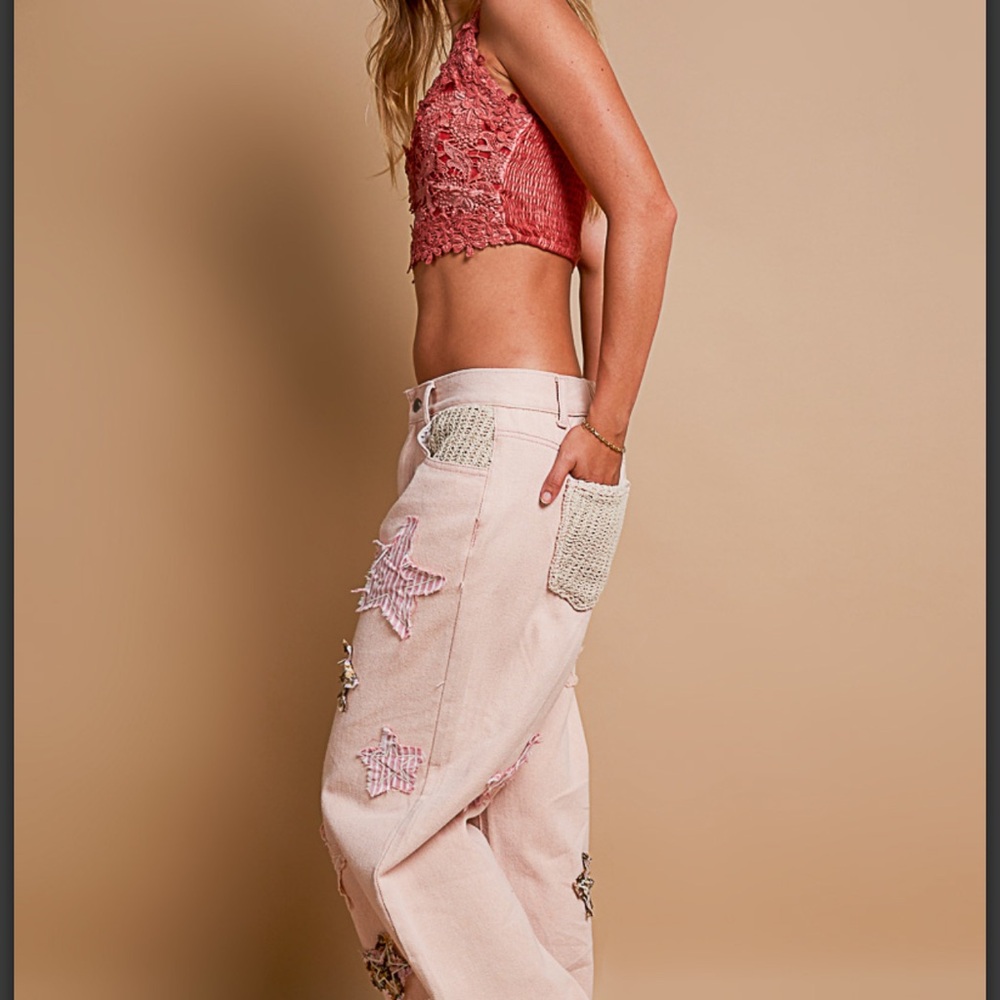 P8148- POL colored denim star patchwork pants with matching star hooded top - Picture 3 of 4